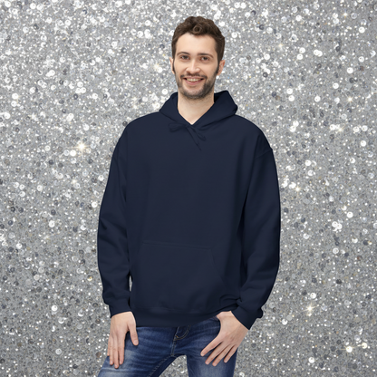 Man facing forward wearing a navy hoodie with a plain front. He is standing in a cosy boho cafe filled with plants and wooden tables.
