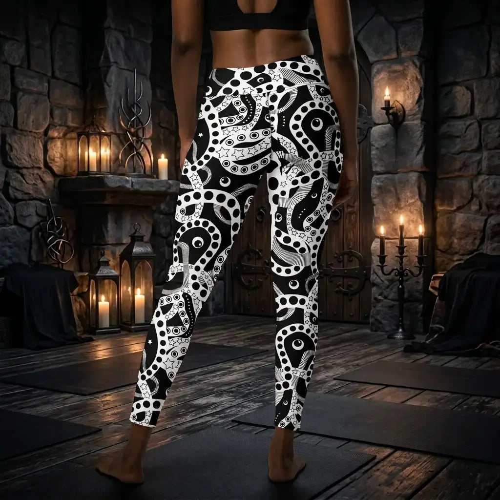 Women's high waist black and white yoga festival leggings back view. Woman is posing in a heavy metal yoga studio.  The Who's Afraid Of The Dark design is a bold abstract pattern. Designed in Wales, UK | Sassy Seagull. 
