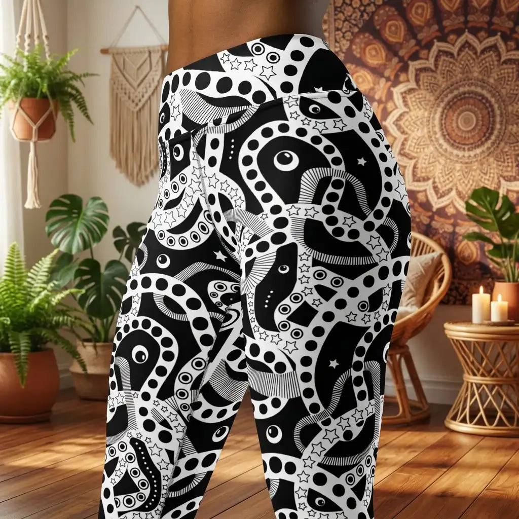 Women's high waist black and white yoga festival leggings lifestyle close up front view. Woman is posing in a boho yoga studio.  The Who's Afraid Of The Dark design is a bold abstract pattern. Designed in Wales, UK | Sassy Seagull. 