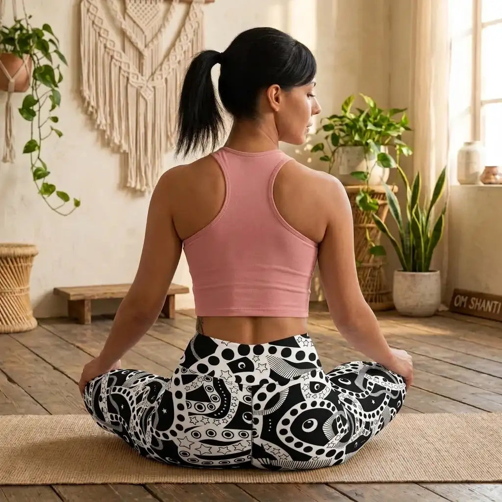 Women's high waist black and white yoga festival leggings lifestyle yoga back view. Woman is posing in a boho yoga studio.  The Who's Afraid Of The Dark design is a bold abstract pattern. Designed in Wales, UK | Sassy Seagull. 