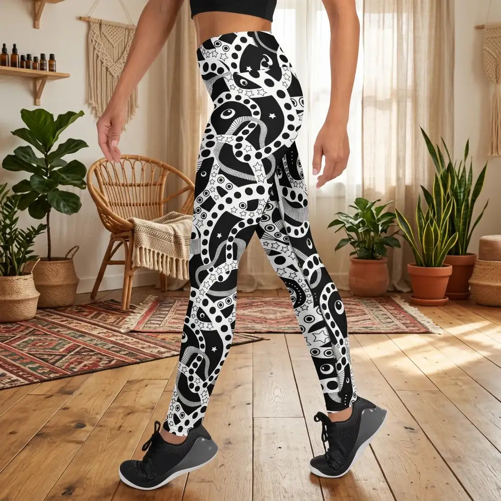 Women's high waist black and white yoga festival leggings lifestyle side view. Woman is standing in a boho yoga studio.  The Who's Afraid Of The Dark design is a bold abstract pattern. Designed in Wales, UK | Sassy Seagull. 