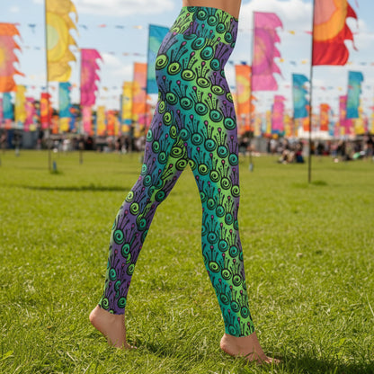 High waist Jungle Tribal Frog festival yoga leggings side view. Woman is standing in a boho interior setting.  The Tribal Frog design is a bold colourful abstract print on a blended green, purple and blue background. Designed in Wales, UK | Sassy Seagull. 