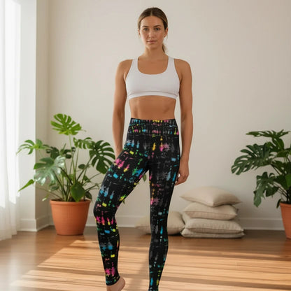 High waist Minstrel Magic festival yoga leggings front view. Woman is standing in a boho interior room.  The Minstrel Magic design is a bold colourful rainbow tie-dye inspired design. Designed in Wales, UK | Sassy Seagull. 