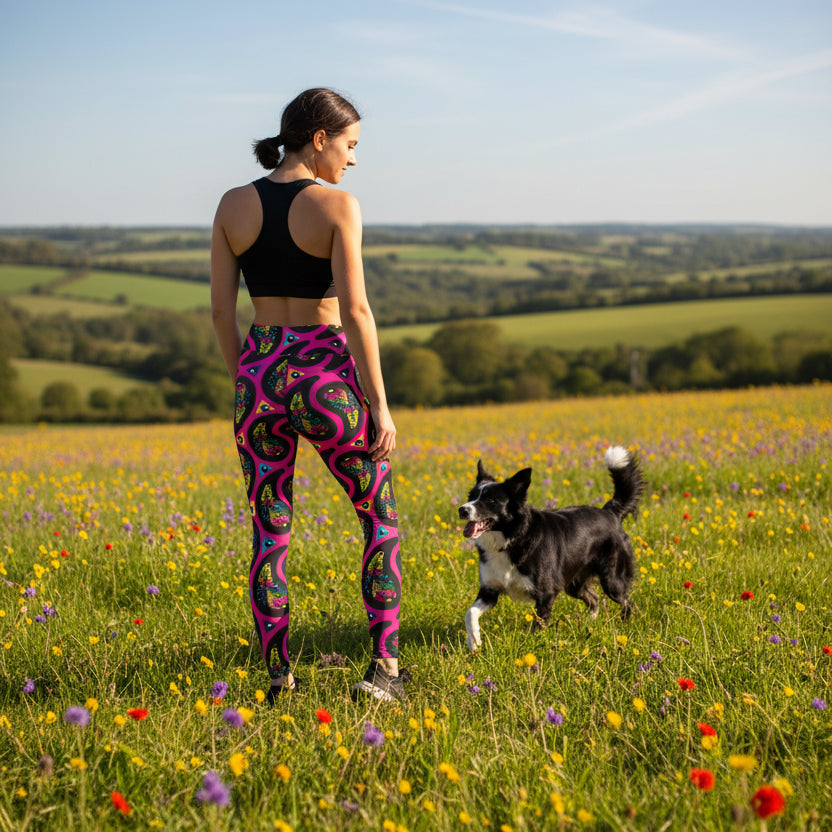 High waist Pink Paisley Party festival yoga leggings back view. Woman is standing in front of a shimmery silver sequin backdrop.  The Paisley Party design is a bold colourful rainbow geometric print pattern. Designed in Wales, UK | Sassy Seagull. 