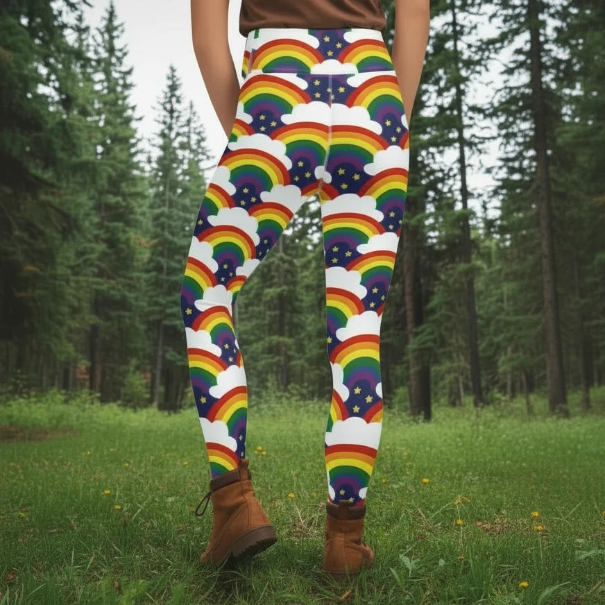 High waist Pride Rainbow Sparkle festival yoga leggings back view. The woman is standing in a rustic boho setting with plants, fairy lights and bunting in the background.  The Rainbow Sparkle design is a bold rainbow, clouds and stars pattern in the LGBTQ+ pride palette. Designed in Wales, UK | Sassy Seagull. 