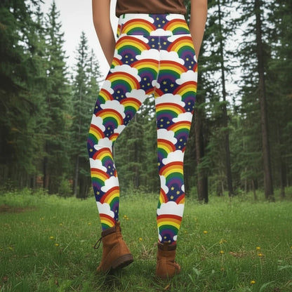 High waist Pride Rainbow Sparkle festival yoga leggings back view. The woman is standing in a rustic boho setting with plants, fairy lights and bunting in the background.  The Rainbow Sparkle design is a bold rainbow, clouds and stars pattern in the LGBTQ+ pride palette. Designed in Wales, UK | Sassy Seagull. 