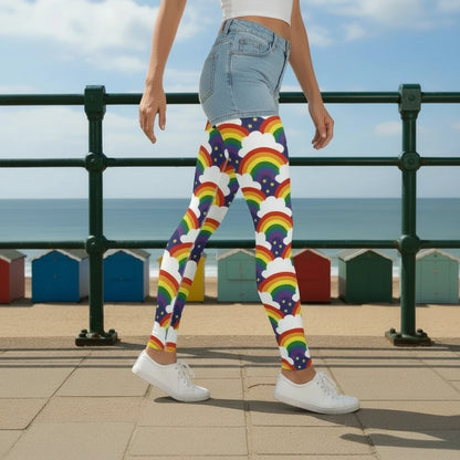 High waist Pride Rainbow Sparkle festival yoga leggings side view. The woman is standing in a rustic boho setting with plants, fairy lights and bunting in the background.  The Rainbow Sparkle design is a bold rainbow, clouds and stars pattern in the LGBTQ+ pride palette. Designed in Wales, UK | Sassy Seagull. 