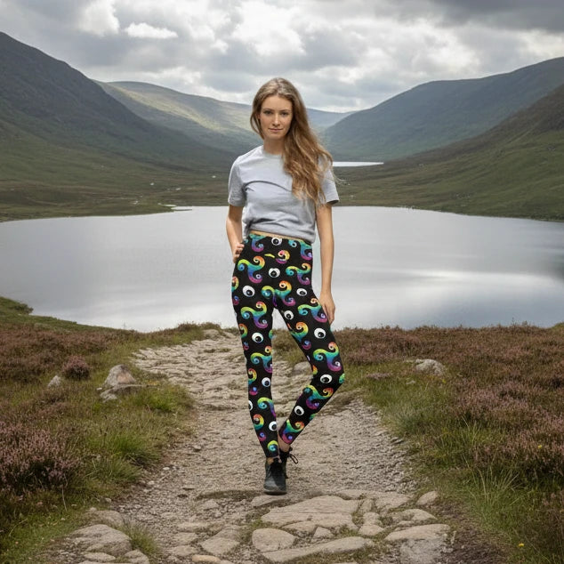High waist black psychedelic celtic inspired Trippy Triskelion patterned festival & yoga leggings lifestyle view against a silver sequin background. The Trippy Triskelion print is a trippy rainbow geometric printed pattern. Designed in Wales, UK | Sassy Seagull. 