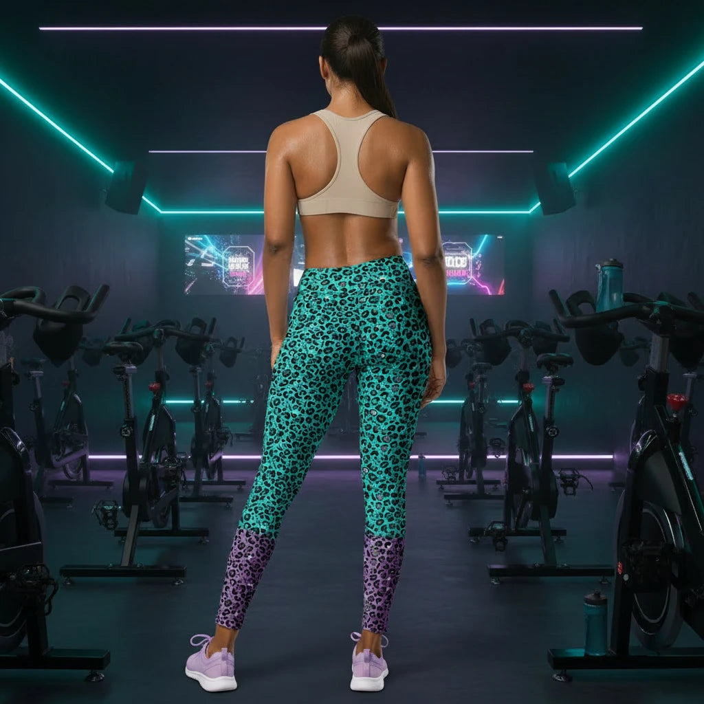 High waist Purple and Green Leopard Glamour festival yoga leggings back view against a silver sequin background. The purple and green leopard glamour design is a bold animal printed pattern in black, grey and white against a bold purple and green background. Designed in Wales, UK | Sassy Seagull. 