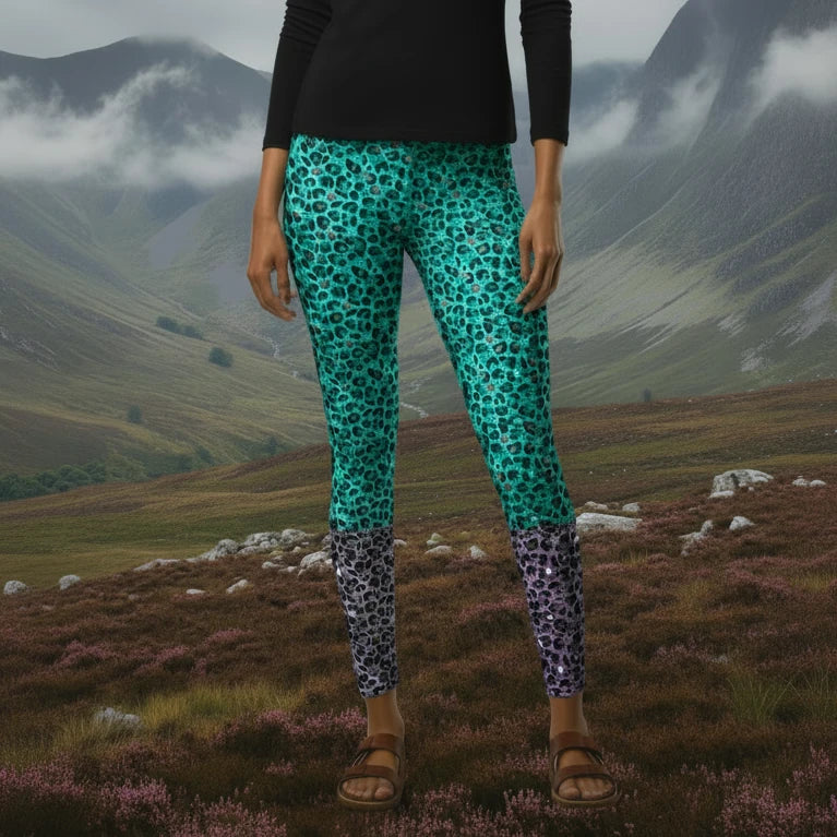 High waist Purple and Green Leopard Glamour festival yoga leggings front view against a silver sequin background. The purple and green leopard glamour design is a bold animal printed pattern in black, grey and white against a bold purple and green background. Designed in Wales, UK | Sassy Seagull. 
