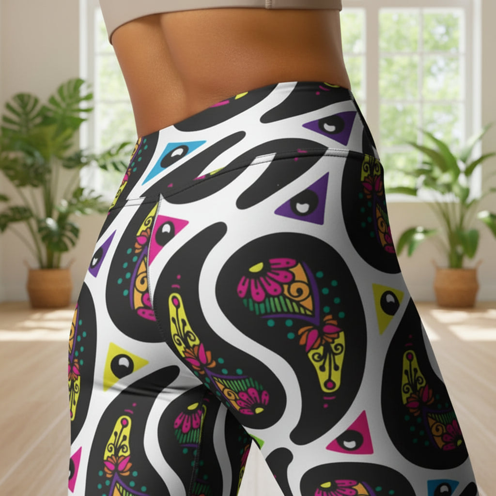 High waist White Paisley Party festival yoga leggings close up back view. Woman is standing in a boho interior room.  The Paisley Party design is a bold colourful rainbow geometric print pattern. Designed in Wales, UK | Sassy Seagull. 