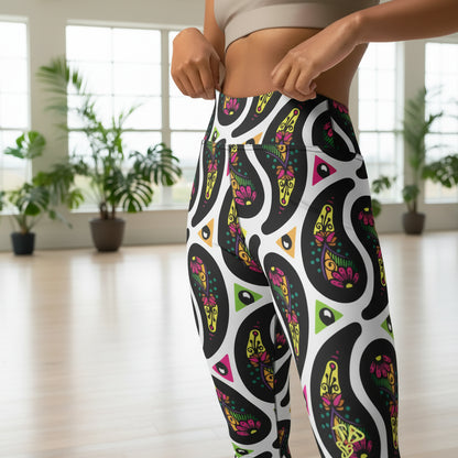 High waist White Paisley Party festival yoga leggings close up front view. Woman is standing in a boho interior room.  The Paisley Party design is a bold colourful rainbow geometric print pattern. Designed in Wales, UK | Sassy Seagull. 