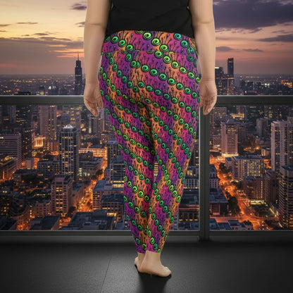 High waist Plus Size Fire Tribal Frog festival yoga leggings back view. Woman is standing in a. boho interior room.  The Tribal Frog design is a bold colourful abstract print on a blended pink, purple and orange background. Designed in Wales, UK | Sassy Seagull. 