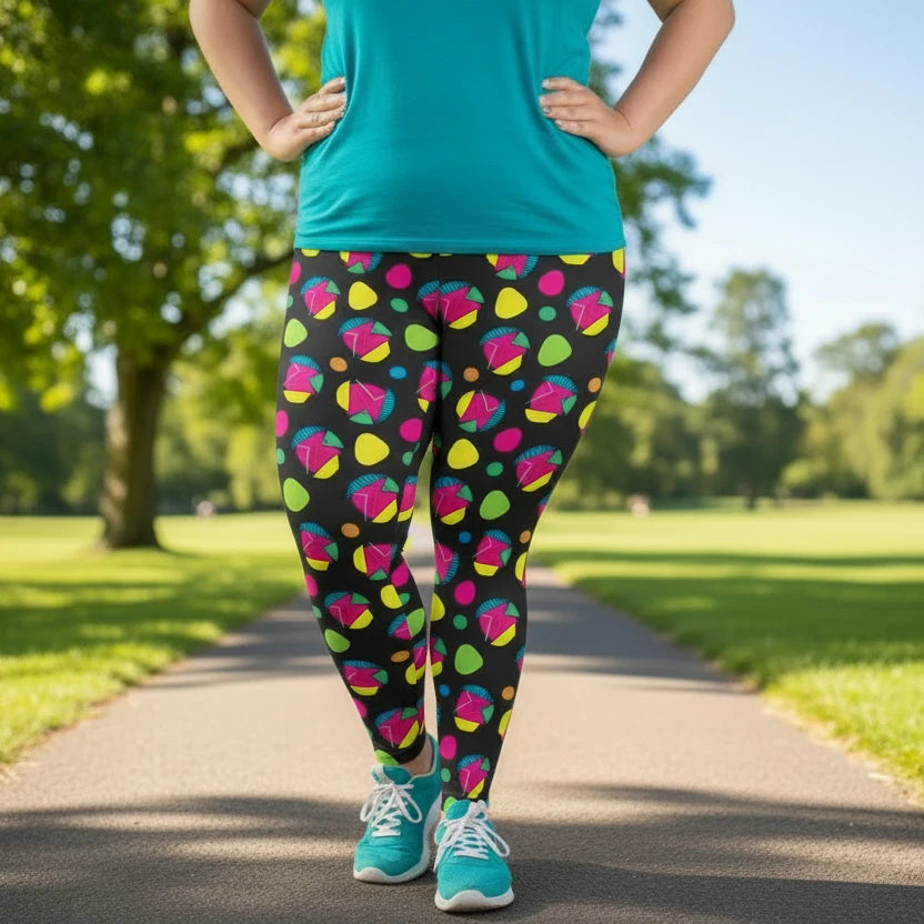 Plus-size high waist Funk Party Original festival yoga leggings front view. The woman is standing in a rustic boho setting with plants, fairy lights and bunting in the background.  The Funk Party design is a bold colourful abstract print. Designed in Wales, UK | Sassy Seagull. 