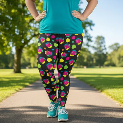 Plus-size high waist Funk Party Original festival yoga leggings front view. The woman is standing in a rustic boho setting with plants, fairy lights and bunting in the background.  The Funk Party design is a bold colourful abstract print. Designed in Wales, UK | Sassy Seagull. 