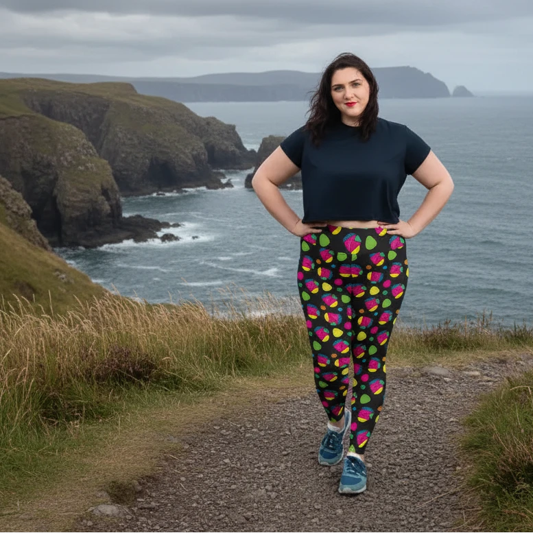 Plus-size high waist Funk Party Original festival yoga leggings lifestyle view. The woman is standing in an indoor setting.  The Funk Party design is a bold colourful abstract print. Designed in Wales, UK | Sassy Seagull. 