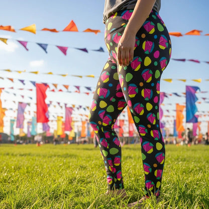 Plus-size high waist Funk Party Original festival yoga leggings right side view. The woman is standing in a rustic boho setting with plants, fairy lights and bunting in the background.  The Funk Party design is a bold colourful abstract print. Designed in Wales, UK | Sassy Seagull. 