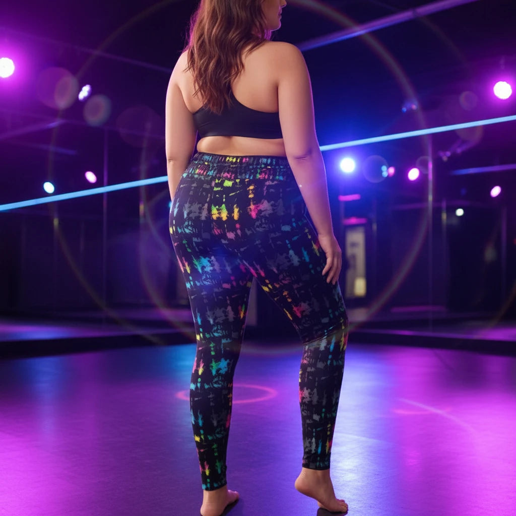 High waist Plus Size Minstrel Magic festival yoga leggings back view. Woman is standing in a boho interior room.  The Minstrel Magic design is a bold colourful rainbow tie-dye inspired design. Designed in Wales, UK | Sassy Seagull. 