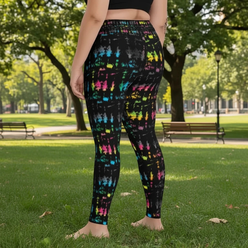 High waist Plus Size Minstrel Magic festival yoga leggings side back view. Woman is standing in a boho interior room.  The Minstrel Magic design is a bold colourful rainbow tie-dye inspired design. Designed in Wales, UK | Sassy Seagull. 