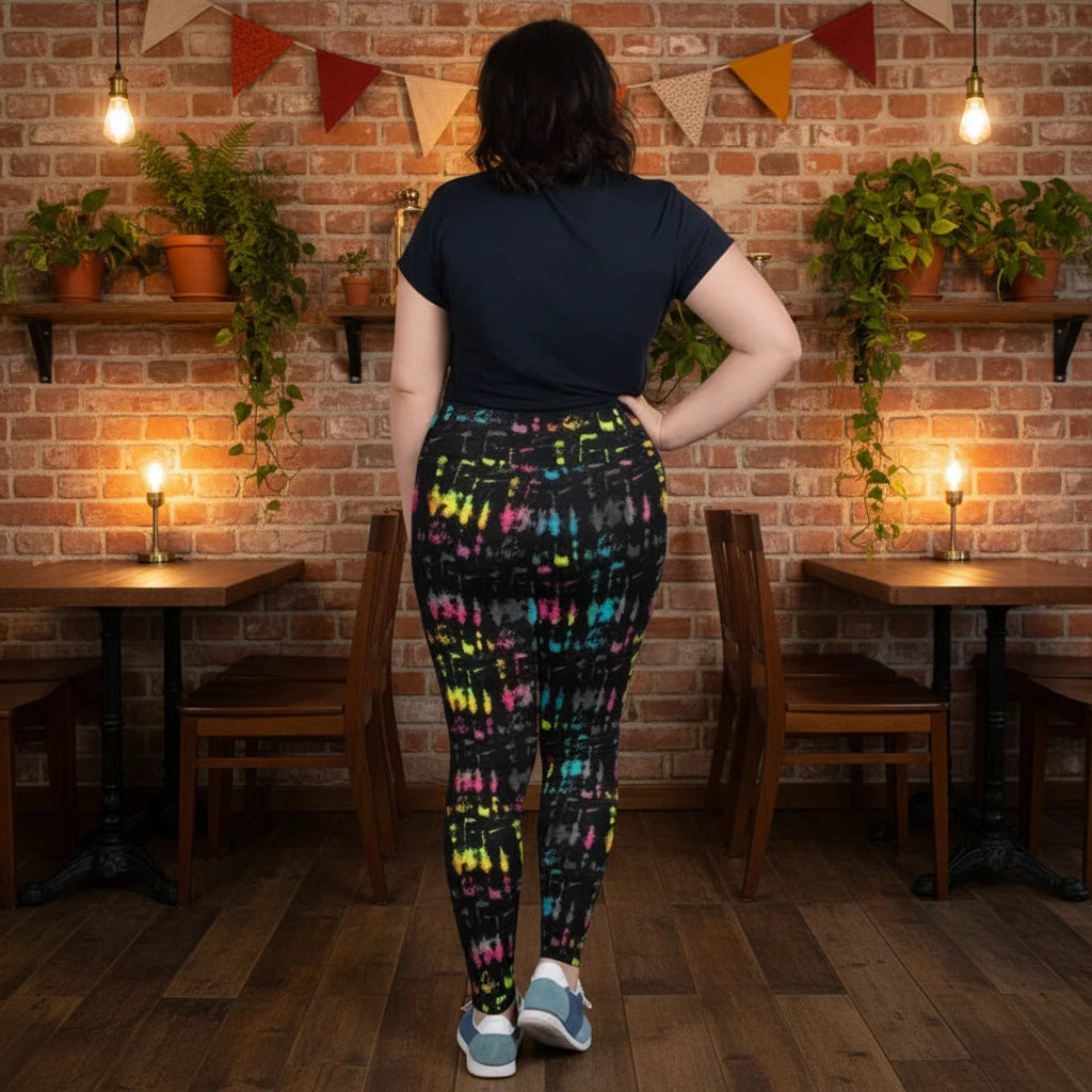 High waist Plus Size Minstrel Magic festival yoga leggings lifestyle back view. Woman is standing in a boho interior room.  The Minstrel Magic design is a bold colourful rainbow tie-dye inspired design. Designed in Wales, UK | Sassy Seagull. 