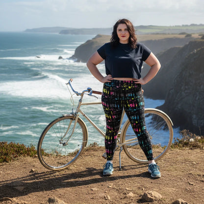 High waist Plus Size Minstrel Magic festival yoga leggings lifestyle front view. Woman is standing in a boho interior room.  The Minstrel Magic design is a bold colourful rainbow tie-dye inspired design. Designed in Wales, UK | Sassy Seagull. 