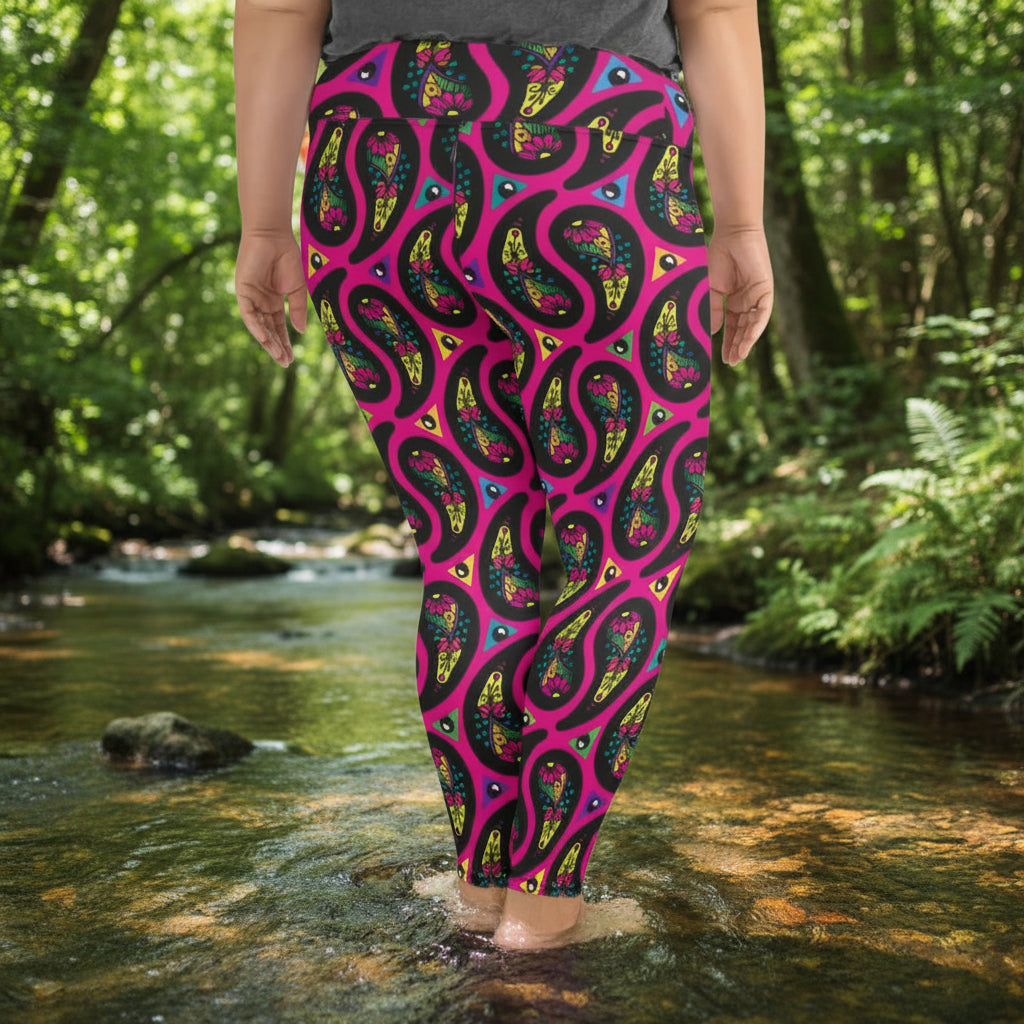High waist Plus Size Pink Paisley Party festival yoga leggings back view. Woman is standing in front of a shimmery silver sequin backdrop.  The Paisley Party design is a bold colourful rainbow geometric print pattern. Designed in Wales, UK | Sassy Seagull. 