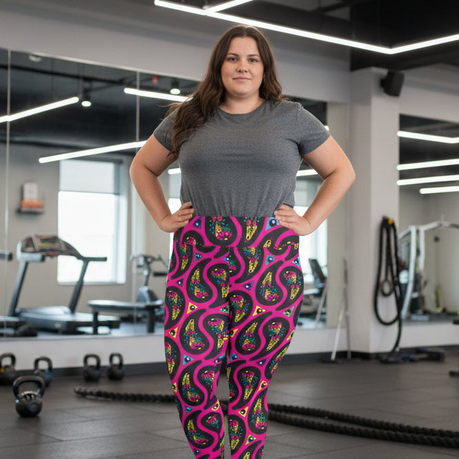 High waist Plus Size Pink Paisley Party festival yoga leggings front view. Woman is standing in front of a shimmery silver sequin backdrop.  The Paisley Party design is a bold colourful rainbow geometric print pattern. Designed in Wales, UK | Sassy Seagull. 