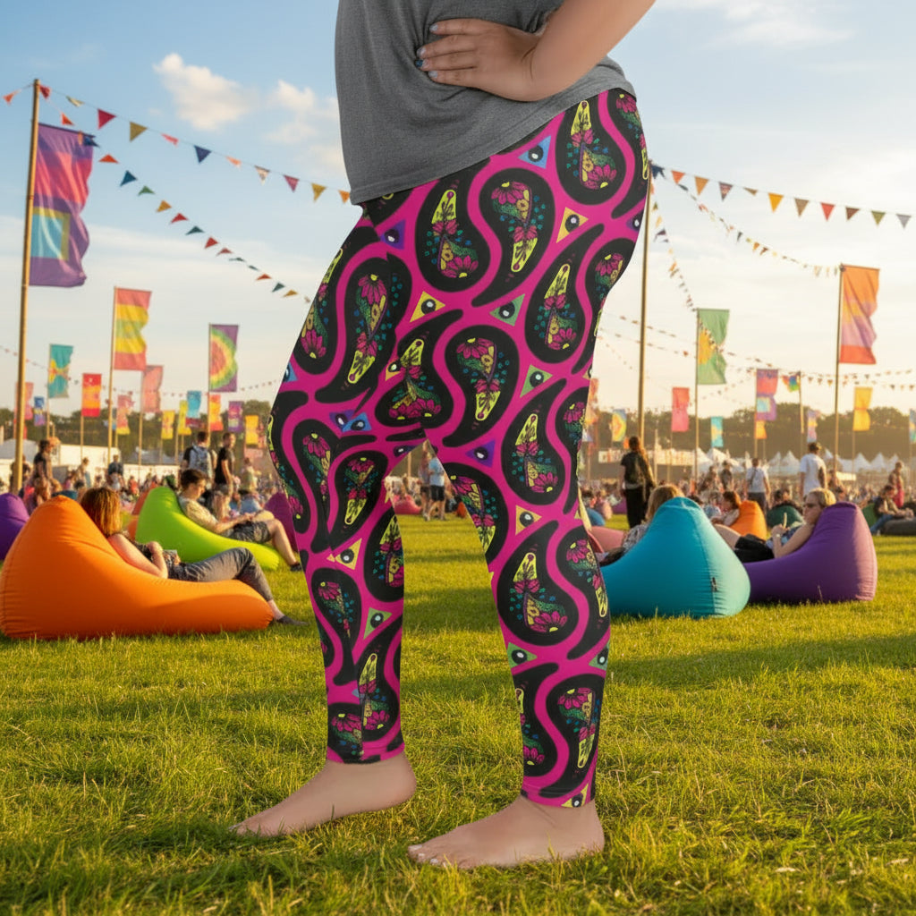 High waist Plus Size Pink Paisley Party festival yoga leggings left view. Woman is standing in front of a shimmery silver sequin backdrop.  The Paisley Party design is a bold colourful rainbow geometric print pattern. Designed in Wales, UK | Sassy Seagull. 