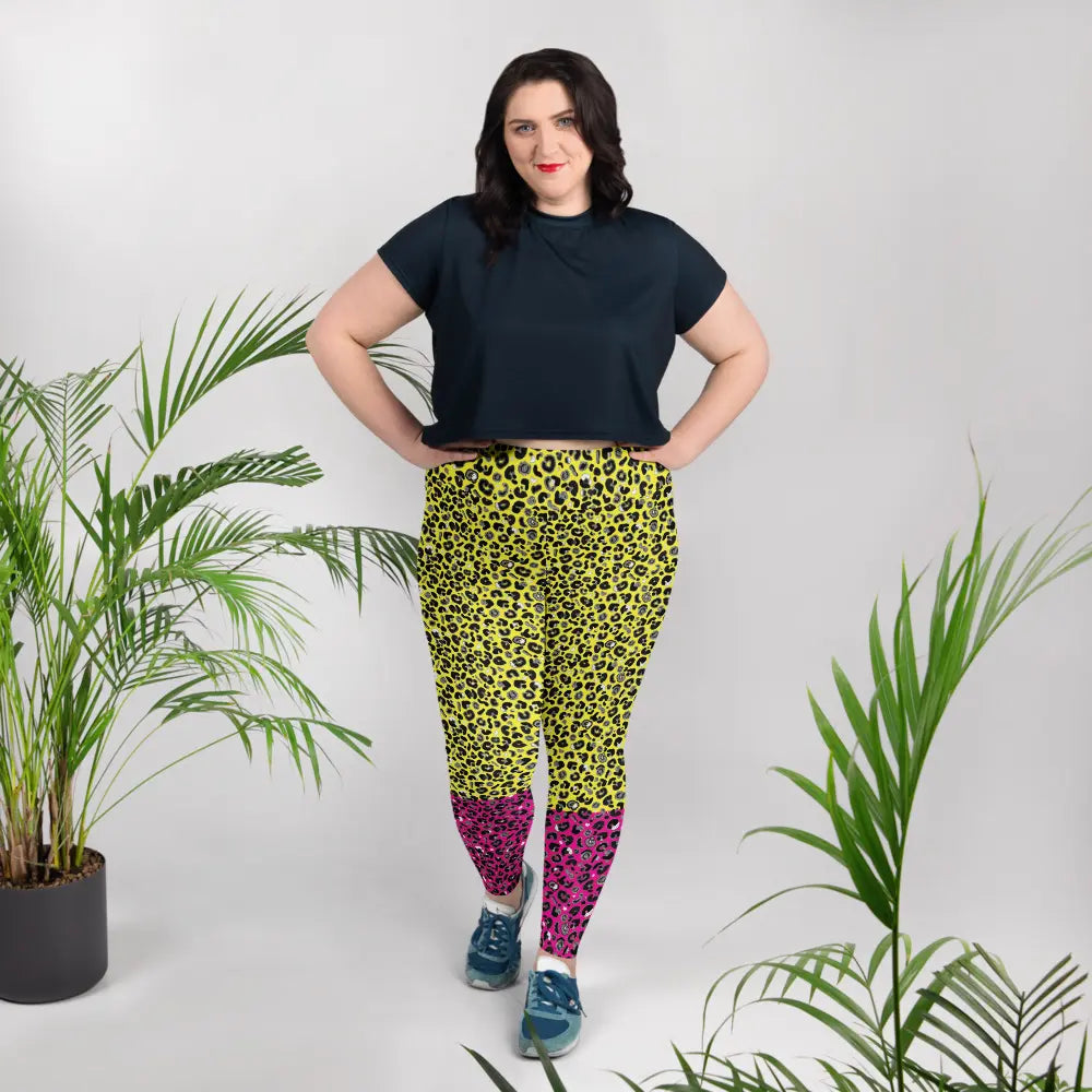 High waist plus size Pink and Yellow Leopard Glamour festival yoga leggings lifestyle view in an indoors setting. The pink and yellow leopard glamour design is a bold animal printed pattern in black, grey and white against a bold yellow and pink background. Designed in Wales, UK | Sassy Seagull. 