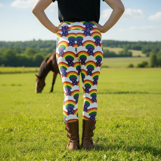 High waist Plus Size Pride Rainbow Sparkle festival yoga leggings back view. The woman is standing in a rustic boho setting with plants, fairy lights and bunting in the background.  The Rainbow Sparkle design is a bold rainbow, clouds and stars pattern in the LGBTQ+ pride palette. Designed in Wales, UK | Sassy Seagull. 