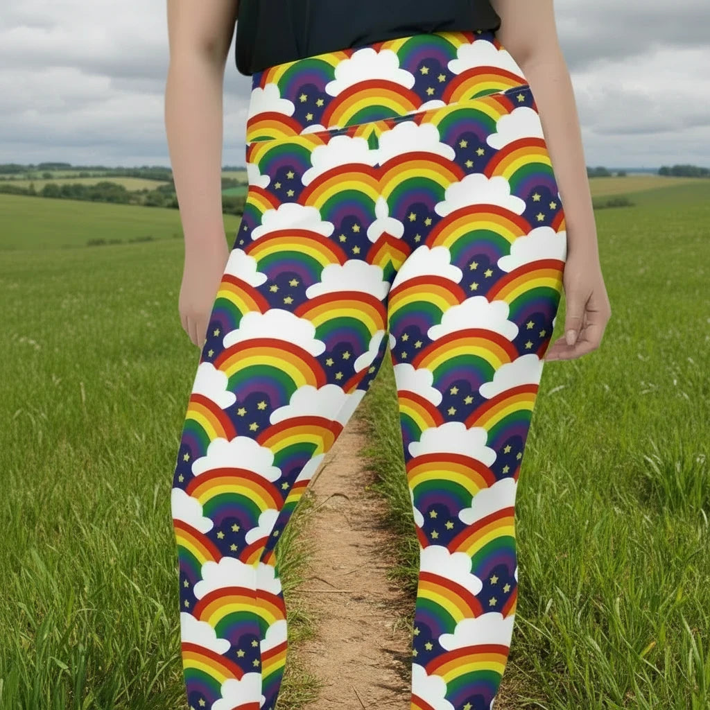 High waist Plus Size Pride Rainbow Sparkle festival yoga leggings front view. The woman is standing in a rustic boho setting with plants, fairy lights and bunting in the background.  The Rainbow Sparkle design is a bold rainbow, clouds and stars pattern in the LGBTQ+ pride palette. Designed in Wales, UK | Sassy Seagull. 