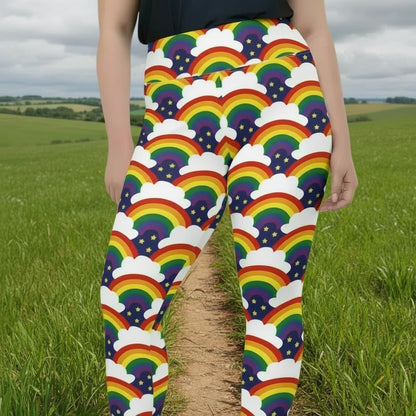High waist Plus Size Pride Rainbow Sparkle festival yoga leggings front view. The woman is standing in a rustic boho setting with plants, fairy lights and bunting in the background.  The Rainbow Sparkle design is a bold rainbow, clouds and stars pattern in the LGBTQ+ pride palette. Designed in Wales, UK | Sassy Seagull. 
