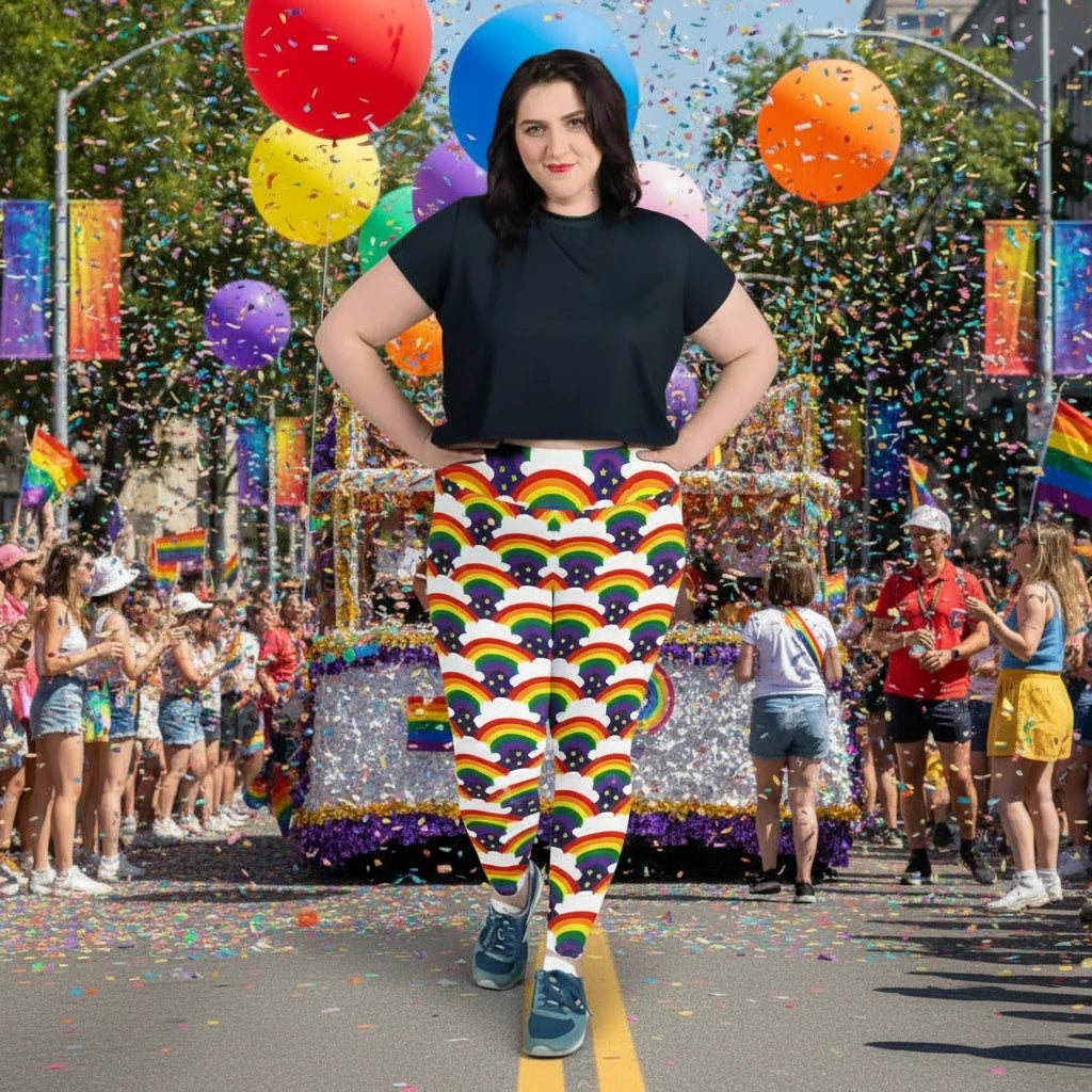 High waist Plus Size Pride Rainbow Sparkle festival yoga leggings lifestyle view. The woman is standing in an indoor setting.  The Rainbow Sparkle design is a bold rainbow, clouds and stars pattern in the LGBTQ+ pride palette. Designed in Wales, UK | Sassy Seagull. 