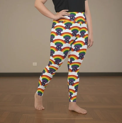 High waist Plus Size Pride Rainbow Sparkle festival yoga leggings right side view. The woman is standing in a rustic boho setting with plants, fairy lights and bunting in the background.  The Rainbow Sparkle design is a bold rainbow, clouds and stars pattern in the LGBTQ+ pride palette. Designed in Wales, UK | Sassy Seagull. 