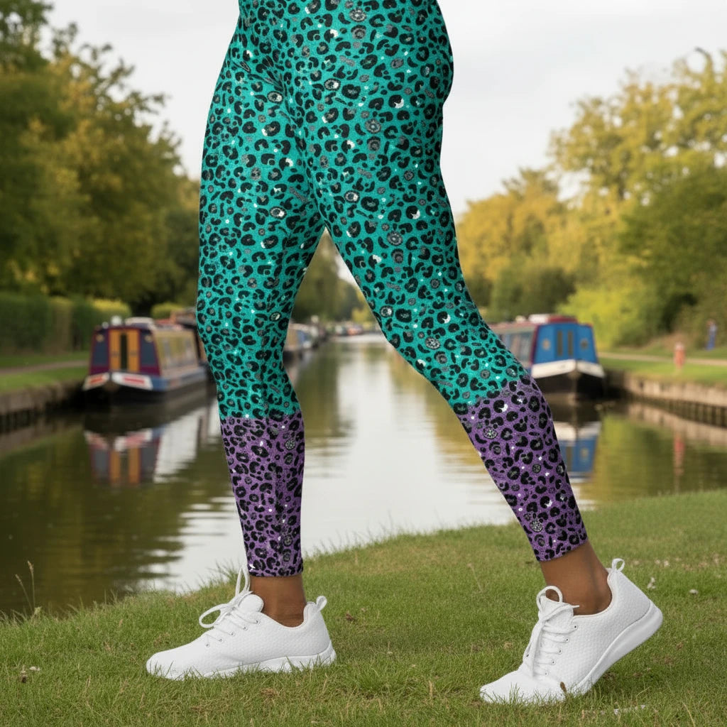 High waist plus-size Purple and Green Leopard Glamour festival yoga leggings left view against a silver sequin background. The purple and green leopard glamour design is a bold animal printed pattern in black, grey and white against a bold purple and green background. Designed in Wales, UK | Sassy Seagull. 