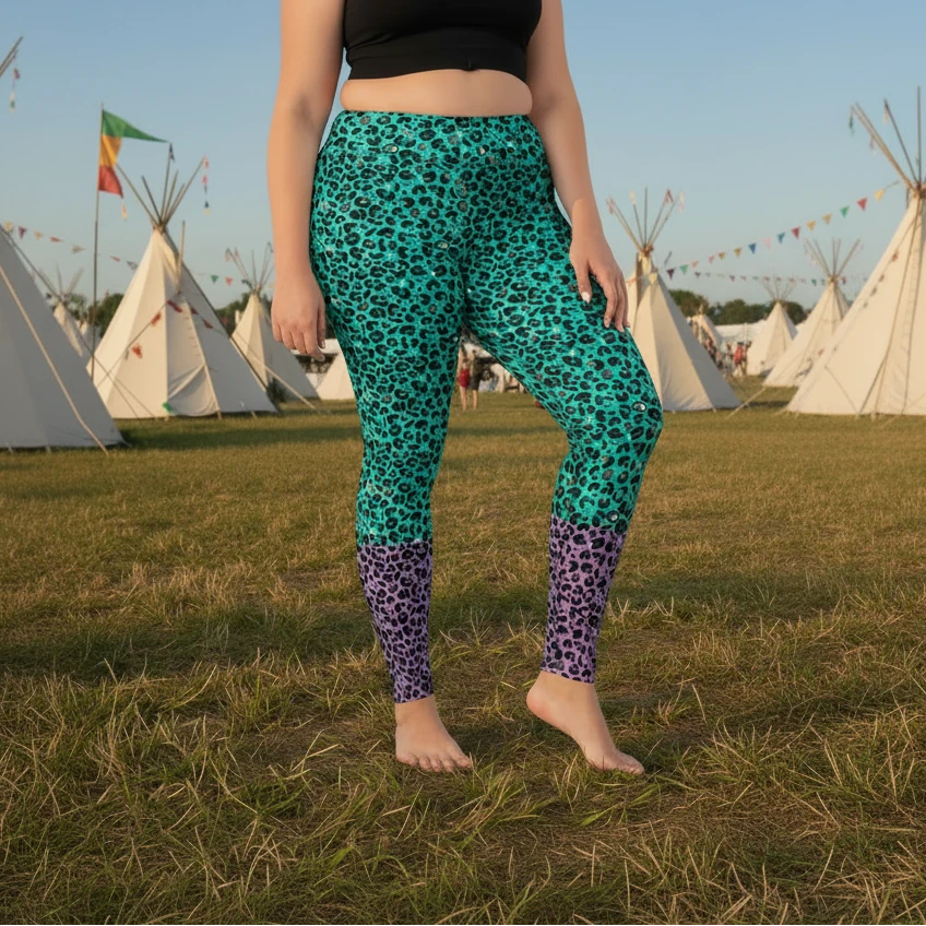 High waist plus-size Purple and Green Leopard Glamour festival yoga leggings right view against a silver sequin background. The purple and green leopard glamour design is a bold animal printed pattern in black, grey and white against a bold purple and green background. Designed in Wales, UK | Sassy Seagull. 