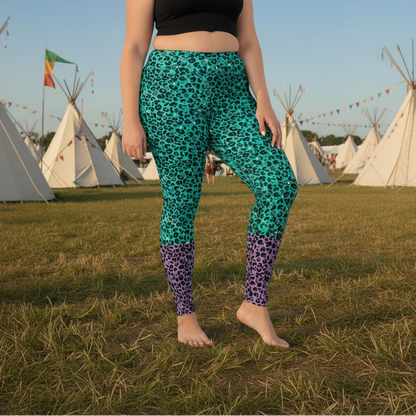 High waist plus-size Purple and Green Leopard Glamour festival yoga leggings right view against a silver sequin background. The purple and green leopard glamour design is a bold animal printed pattern in black, grey and white against a bold purple and green background. Designed in Wales, UK | Sassy Seagull. 