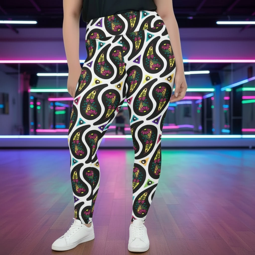High waist Plus Size White Paisley Party festival yoga leggings front view. Woman is standing in a boho interior room.  The Paisley Party design is a bold colourful rainbow geometric print pattern. Designed in Wales, UK | Sassy Seagull. 
