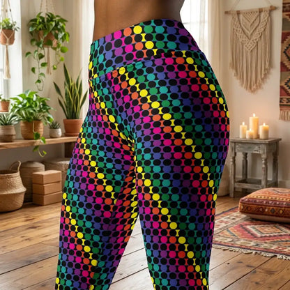 Women's high waist Rainbow Geometric yoga festival leggings close up front view. Woman is standing in a boho yoga studio.  The Disco Lights design is a bold colourful rainbow spotty pattern. Designed in Wales, UK | Sassy Seagull. 
