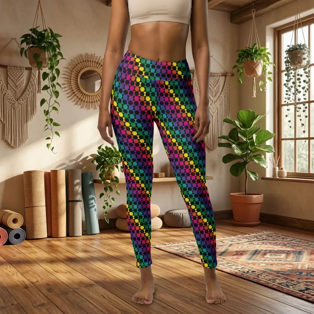 Women's high waist Rainbow Geometric yoga festival leggings front view. Woman is standing in a boho yoga studio.  The Disco Lights design is a bold colourful rainbow spotty pattern. Designed in Wales, UK | Sassy Seagull. 