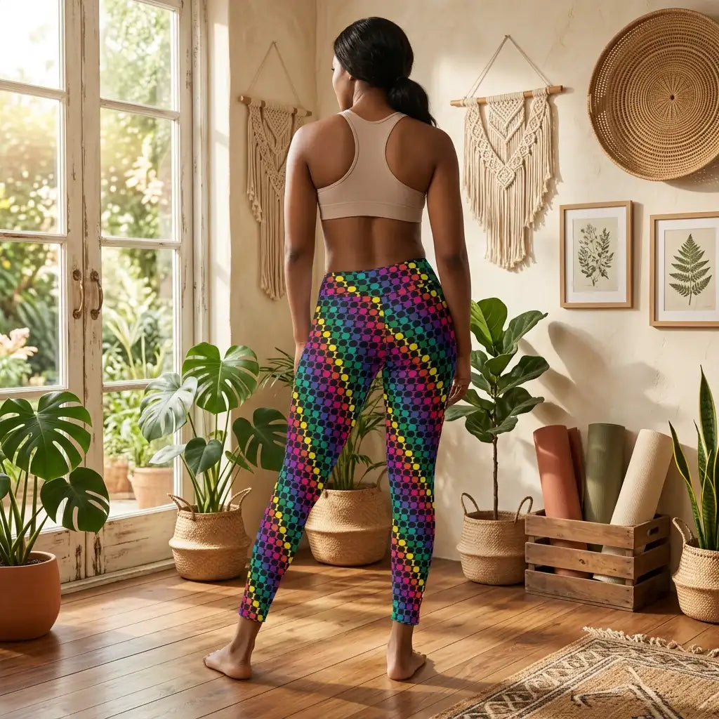 Women's high waist Rainbow Geometric yoga festival leggings lifestyle back view. Woman is standing in a boho yoga studio.  The Disco Lights design is a bold colourful rainbow spotty pattern. Designed in Wales, UK | Sassy Seagull. 