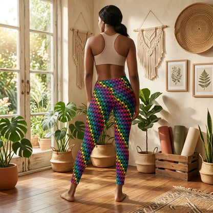 Women's high waist Rainbow Geometric yoga festival leggings lifestyle back view. Woman is standing in a boho yoga studio.  The Disco Lights design is a bold colourful rainbow spotty pattern. Designed in Wales, UK | Sassy Seagull. 