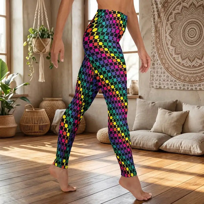 Women's high waist Rainbow Geometric yoga festival leggings side view. Woman is standing in a boho yoga studio.  The Disco Lights design is a bold colourful rainbow spotty pattern. Designed in Wales, UK | Sassy Seagull. 