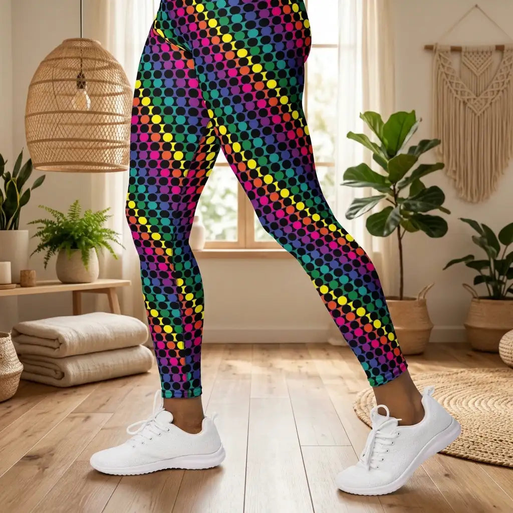 Women's high waist Rainbow Geometric yoga festival leggings side view. Woman is standing in a boho yoga studio.  The Disco Lights design is a bold colourful rainbow spotty pattern. Designed in Wales, UK | Sassy Seagull. 