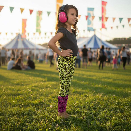 A young girl wearing kids size yellow and pink leopard glamour funky festival leggings and a black t-shirt stands facing to the right. She is smiling and standing in front of a black and white city street scape.  This design features an animal print pattern in black, grey and white, printed at a medium scale. The top 3/4 background is bright yellow with the bottom 1/4 bright pink