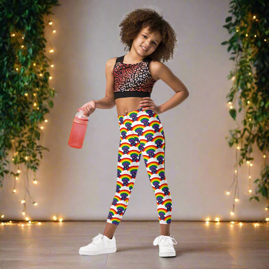 Funky Tots, Kids and Teens Rainbow Sparkle Leggings, Pants | Full Length | Super Comfortable | Unique Active Wear | Boho | Hippie | Punk | Festival